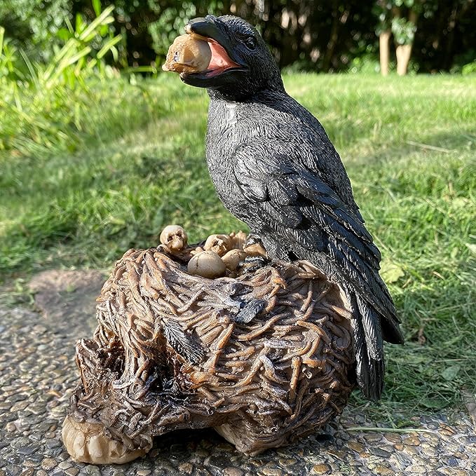 Halloween Decorative Black Crow On Withered Vine Skull Nest Teeming with Mini Skulls Statue Home Décor Gothic Raven Perching On Skeleton Figurine, Collectible Macabre Ossuary Sculpture