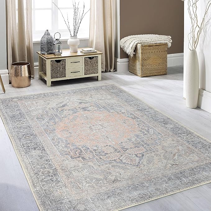 RugOver Machine Washable Area Rug, Pet-Friendly and Non-Slip Indoor Carpet for Kitchen, Bathroom, Living Room, Home Floor Decoration(Fossil/Salmon, 5'1" x 7'5")