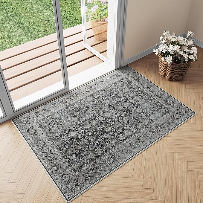PureCozy Black Entryway Rug 2x3 Vintage Area Carpet Indoor Kitchen Washable Door Mat Living Room Entrance Small Low Pile Traditional Distressed Retro Accent Throw Rug Non Slip Office Bathroom