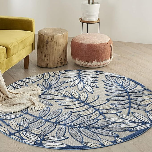 Nourison Home Aloha Ivory Navy 4' x Round Area Rug - Easy Clean, Non Shedding, Bed Room, Living Room, Dining Room, Kitchen (4' x Round)