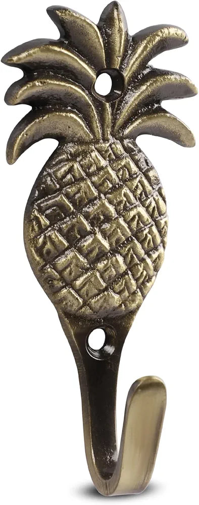 FAPBADRI Multipurpose Hooks, Used to Hang Clothes, Bags, Coats, Curtain Hold Backs, Keys, Colour - Antique Gold, Material - Brass, Pineapple Design, Screws and Wallplugs Included, Pack of 2 Pieces