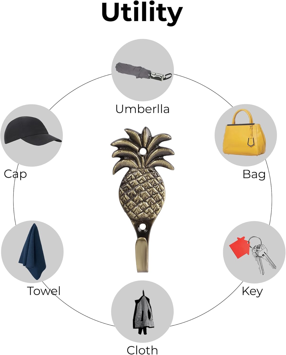 FAPBADRI Multipurpose Hooks, Used to Hang Clothes, Bags, Coats, Curtain Hold Backs, Keys, Colour - Antique Gold, Material - Brass, Pineapple Design, Screws and Wallplugs Included, Pack of 2 Pieces