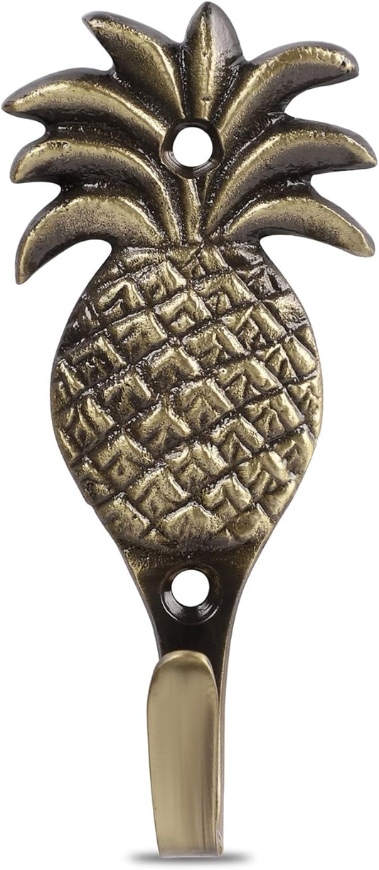 FAPBADRI Multipurpose Hooks, Used to Hang Clothes, Bags, Coats, Curtain Hold Backs, Keys, Colour - Antique Gold, Material - Brass, Pineapple Design, Screws and Wallplugs Included, Pack of 2 Pieces